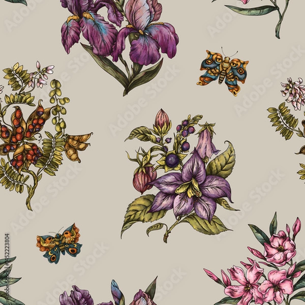 Obraz Vintage Botanical Pink Flowers Seamless Pattern, Romantic Flora