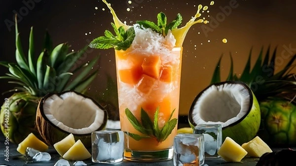 Obraz Ripe papaya jucie with orange on icy dark backgorund 