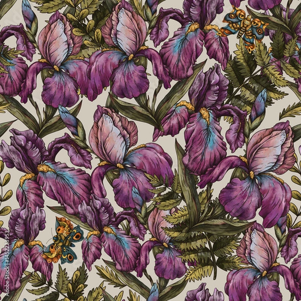 Obraz Vintage Botanical Iris Flowers Seamless Pattern, Romantic Flora