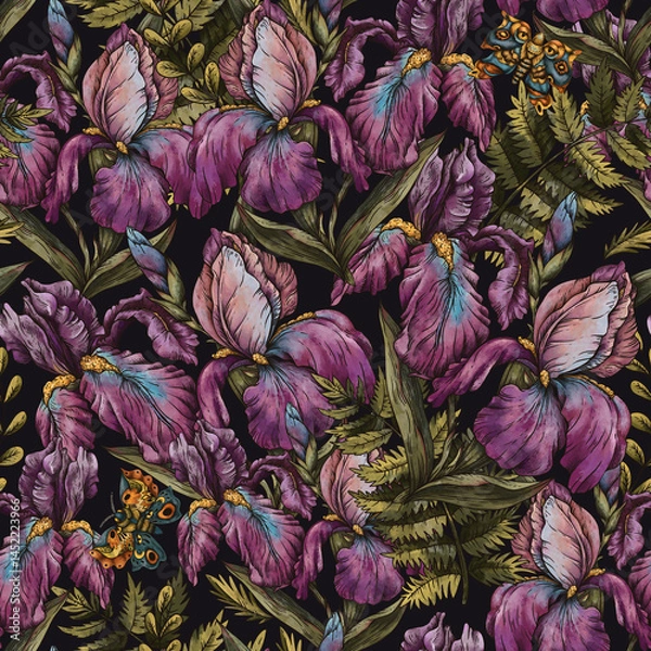 Obraz Vintage Botanical Iris Flowers Seamless Pattern, Romantic Flora