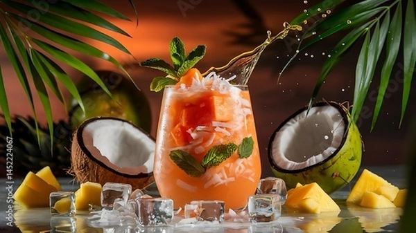 Obraz Ripe papaya jucie with orange on icy dark backgorund 