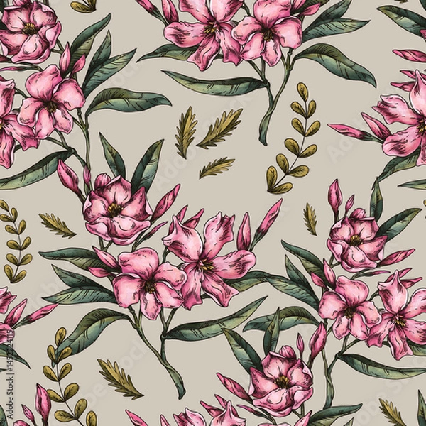 Obraz Vintage Botanical Pink Flowers Seamless Pattern, Romantic Flora