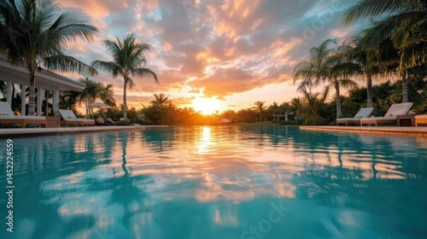 Fototapeta An inviting pool scene showcases a breathtaking sunset reflecting off the water, surrounded by lush palm trees, inviting relaxation and luxury in a tropical paradise.