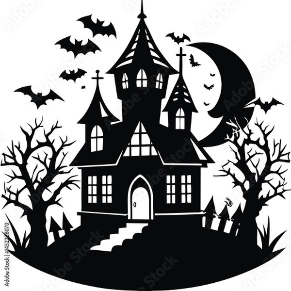 Fototapeta Spooky Halloween Haunted House Silhouette with Bats Moon and Creepy Trees Vector Art