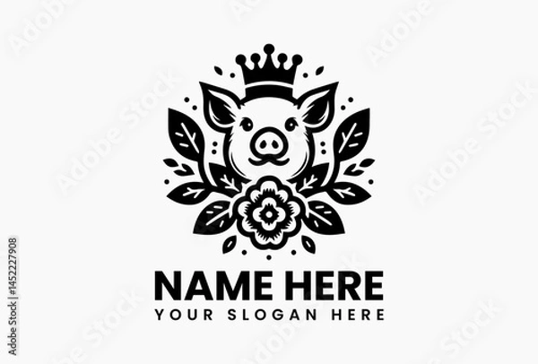 Fototapeta Plump pig silhouette wearing a crown of daisies, rustic-chic vector logo for farm-to-table brands and breweries