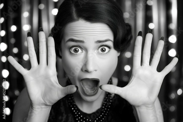 Fototapeta Expressive Faces of Theater Actress Woman in Awe with hands up: Black and White Portrait Series Capturing the Emotions and Art of Acting