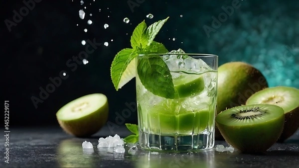 Obraz Fresh kiwi mint juice on the icy water background 