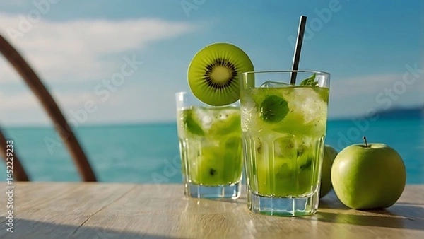 Obraz Fresh kiwi mint juice on the icy water background 