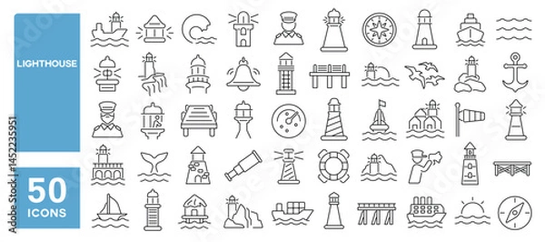 Fototapeta Set of 50 line icons related to lighthouse, tower, harbor, coast, navigation, sailing, seaport, shore light, beacon, Editable stroke. Vector illustration