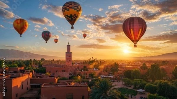 Fototapeta On April 23, 2025, hot air balloons will fly over the desert near Marrakech, Morocco as the sun comes up. It's a beautiful and free scene in nature with amazing views.
