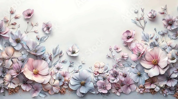Obraz Elegant Pastel Pink and Grey Floral Arrangement, Delicate 3D Flower Design, Romantic Spring Blossom Wallpaper, Artistic Botanical Illustration, Soft Hues, Nature Inspired Background for Wedding,