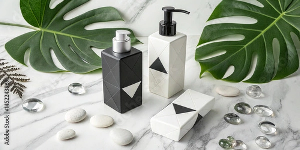 Fototapeta Modern minimalist mockup with geometric-shaped cosmetic containers in monochrome colors, accented with monstera leaves and glass pebbles on a white marble surface.