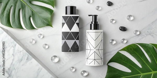 Fototapeta Modern minimalist mockup with geometric-shaped cosmetic containers in monochrome colors, accented with monstera leaves and glass pebbles on a white marble surface.