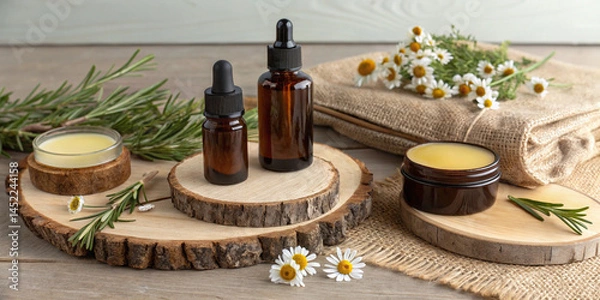Fototapeta Rustic beauty product mockup with dark amber bottles, beeswax balms, and herbal oils, placed on wooden boards with sprigs of rosemary, chamomile flowers, and burlap fabric.