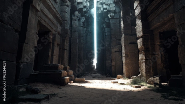 Fototapeta Mysterious ancient temple with towering stone walls and bright beam of light illuminating center. atmosphere is serene yet awe inspiring, inviting exploration and wonder