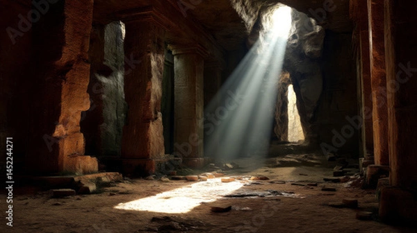 Fototapeta Stunning view of ancient cave illuminated by beams of light filtering through natural opening, highlighting rugged stone walls and floor, creating mystical atmosphere