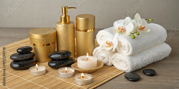 Fototapeta Luxury spa mockup with gold-foiled cosmetic containers, white towels, aromatic candles, orchid flowers, and smooth black stones arranged neatly on a bamboo mat.
