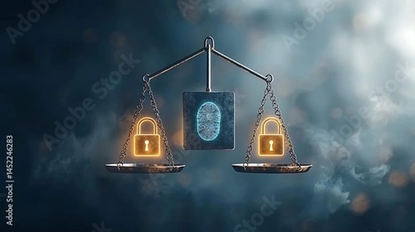 Fototapeta Digital security in balance.  A digital fingerprint is weighed against two padlocks on a vintage scale.  A balance between security and access