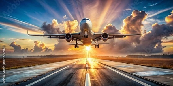Obraz Airplane Taking Off: Front View Runway Departure, Dramatic Flight Scene