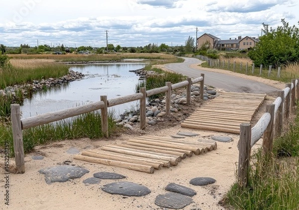Obraz A picturesque wooden bridge gracefully arching over a serene river surrounded by lush nature and beauty