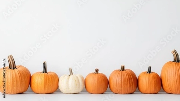 Fototapeta Assorted Pumpkins in Various Sizes Arranged on White Background