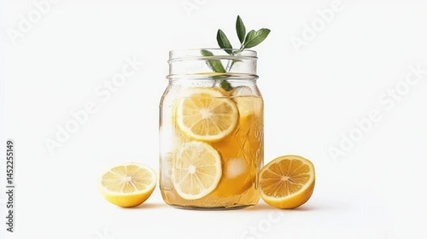 Fototapeta Refreshing Lemonade Drink with Slices of Lemon and Mint Garnish