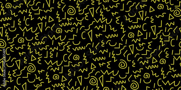 Obraz Repeating pattern of yellow geometric shapes on a black background. The shapes include triangles, zig-zag lines, curved lines, and spirals.