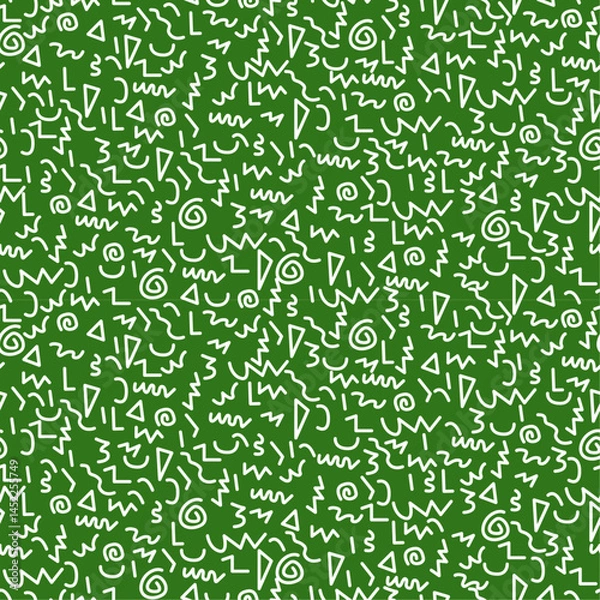 Fototapeta Repeating pattern of white geometric shapes on a green background. The shapes include triangles, zigzags, curves, and spirals, scattered randomly across the surface.