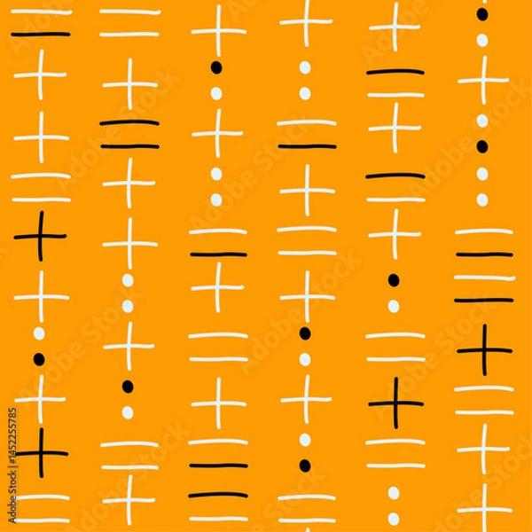Fototapeta Pattern consists of vertical columns of symbols, including plus signs, short horizontal lines, and dots.