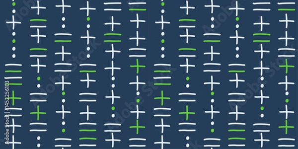 Fototapeta Pattern consists of vertical columns of symbols, including plus signs, short horizontal lines, and dots. Blue backgound. Vector for print.