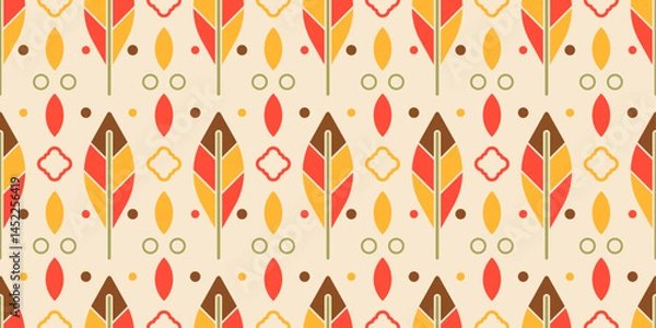 Fototapeta Leaves are composed of triangular sections in shades of brown, yellow, and red, with a green stem. Interspersed among the leaves are small circles, oval shapes, and four-pointed flower-like figures.