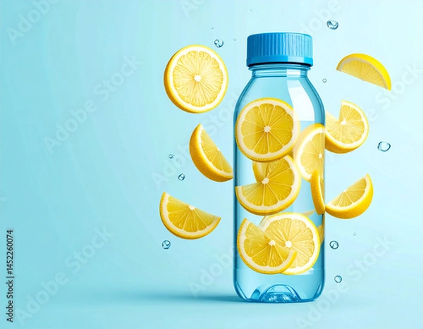 Fototapeta Bottle oc clean drinking water with falling lemon slices