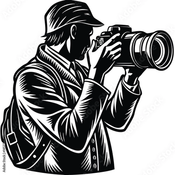 Fototapeta Photographer with Camera Vector Illustration Black and White Stock Image