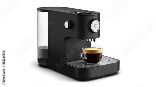 Fototapeta Modern, sleek, black espresso machine with a clear water reservoir and a cup of crema coffee