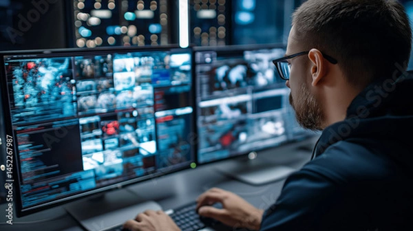 Fototapeta Malware prevention ransomware infrastructure. Spyware detection. Trojan detection. Endpoint vulnerability. Zero-day detection. Cybersecurity analyst monitoring real-time ransomware threats