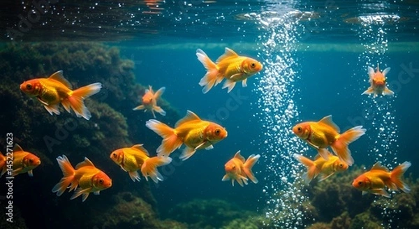 Fototapeta Dynamic School of Golden Goldfish Swimming Gracefully Amidst Bubbles in Crystal Clear Water with Shallow Depth Of Field and Lush Aquatic Plants Symbolizing Tranquility