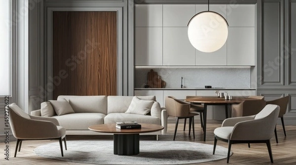 Fototapeta Modern apartment living room, dining area, kitchen