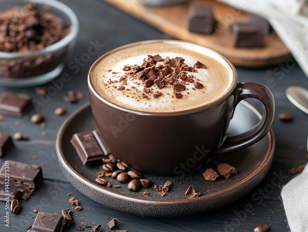 Obraz Chocolate shavings on top of creamy cappuccino in coffeehouse setting, warm tones