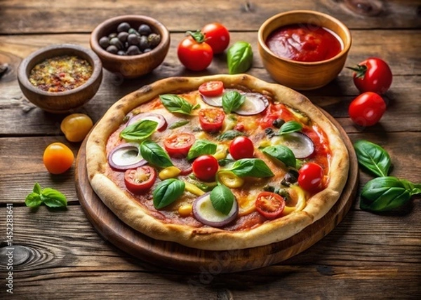 Obraz Delicious Pizza with Toppings and Dipping Sauce on Rustic Wooden Table - Stock Photo