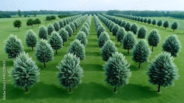 Fototapeta Serene Rows of Trees with Lush Green Field, and Aerial View.