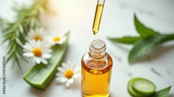 Fototapeta Essential Oil Dropper Filling Bottle with Aloe Vera and Chamomile