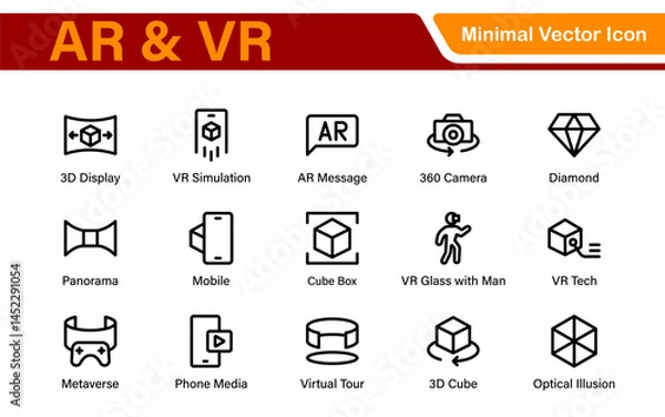 Fototapeta AR VR Line Icon Set – Minimal Vector Outline Illustrations for Augmented Reality, Virtual World, Futuristic Tech, Gaming, Metaverse, UX Design