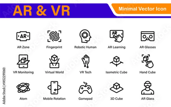 Fototapeta AR VR Line Icon Set – Minimal Vector Outline Illustrations for Augmented Reality, Virtual World, Futuristic Tech, Gaming, Metaverse, UX Design