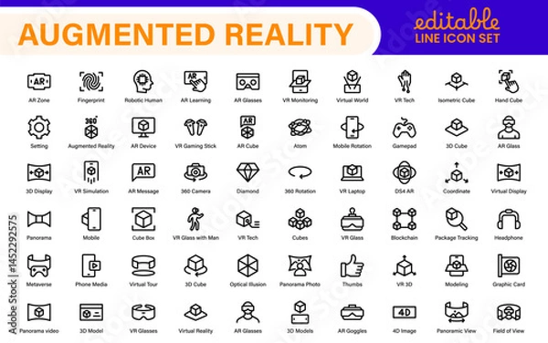 Fototapeta AR VR Line Icon Set – Minimal Vector Outline Illustrations for Augmented Reality, Virtual World, Futuristic Tech, Gaming, Metaverse, UX Design