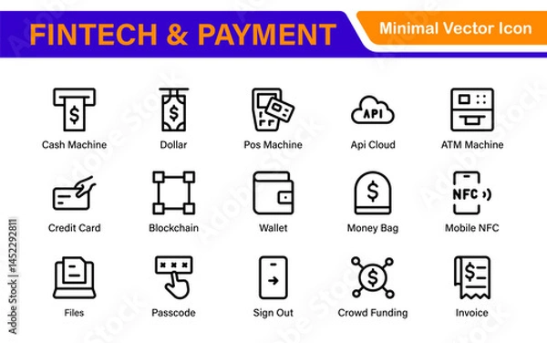 Fototapeta Finance and Technology Icon Collection – Professional Minimalist Line Vector Icons for Cryptocurrency, Mobile Banking, Digital Wallets, and Investments