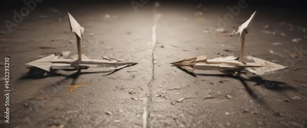 Fototapeta Two paper arrows, opposing directions, crossroads concept ,  opposite,  right