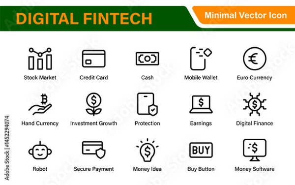 Fototapeta Finance and Technology Icon Collection – Professional Minimalist Line Vector Icons for Cryptocurrency, Mobile Banking, Digital Wallets, and Investments