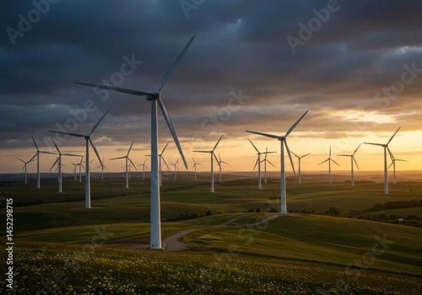 Fototapeta Wind Turbines on a Green Field at Sunset