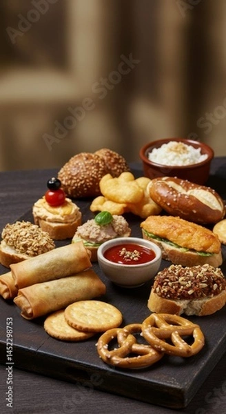 Fototapeta Assortment of Appetizers on Dark Wooden Board