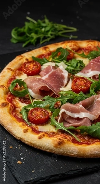 Fototapeta Delicious Prosciutto and Arugula Pizza on Dark Background